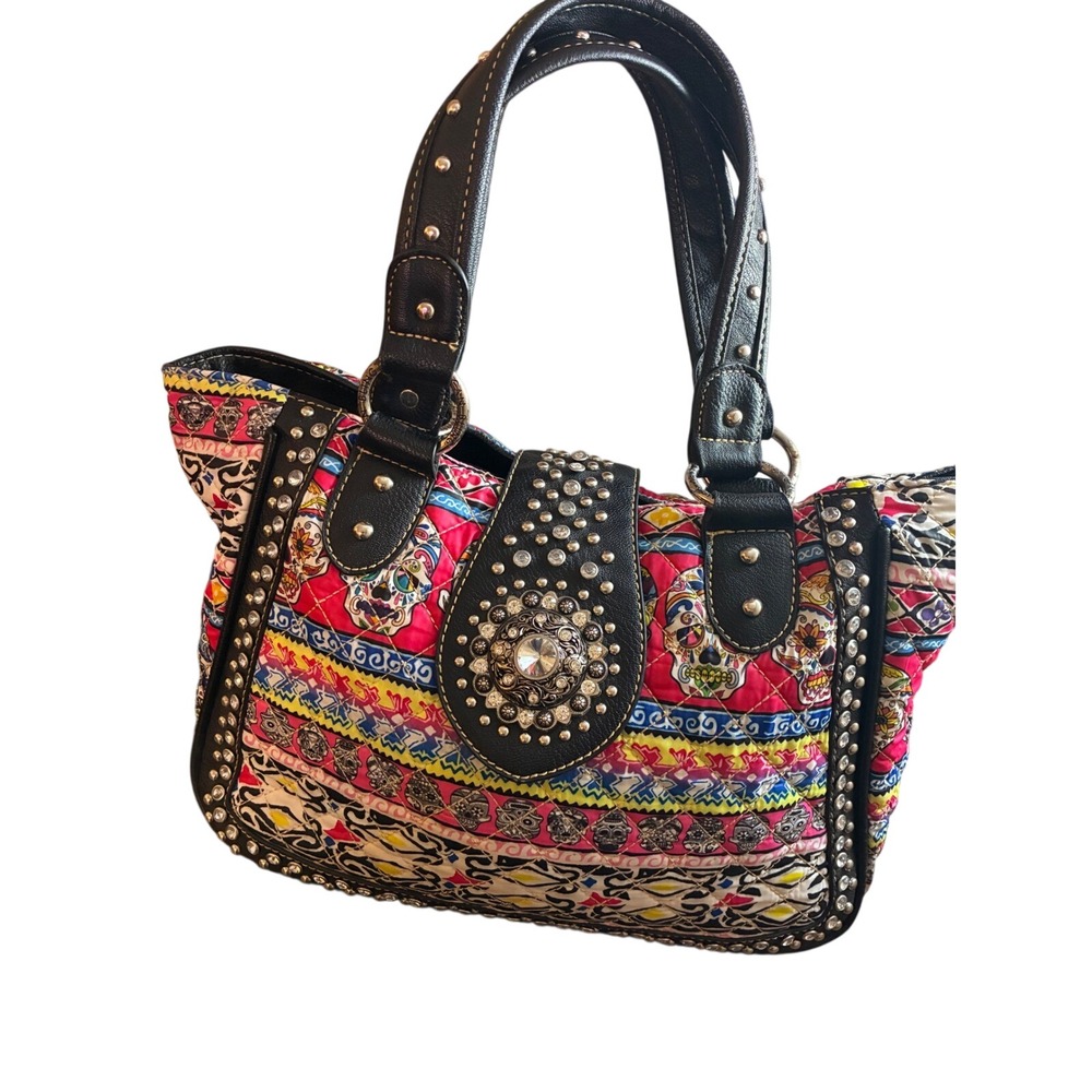 American Bling Sugar Skull Quilted Shoulder Bag Studded Rhinestone Vintage Pink